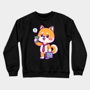 Cute Shiba Inu Dog Business Holding Money And Suitcase Cartoon Crewneck Sweatshirt